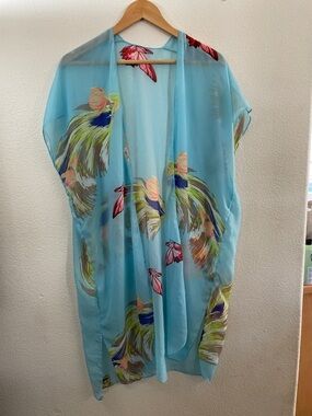 Kimono Light Blue Sheer Floral butterfly Cover-Up silk blend one size